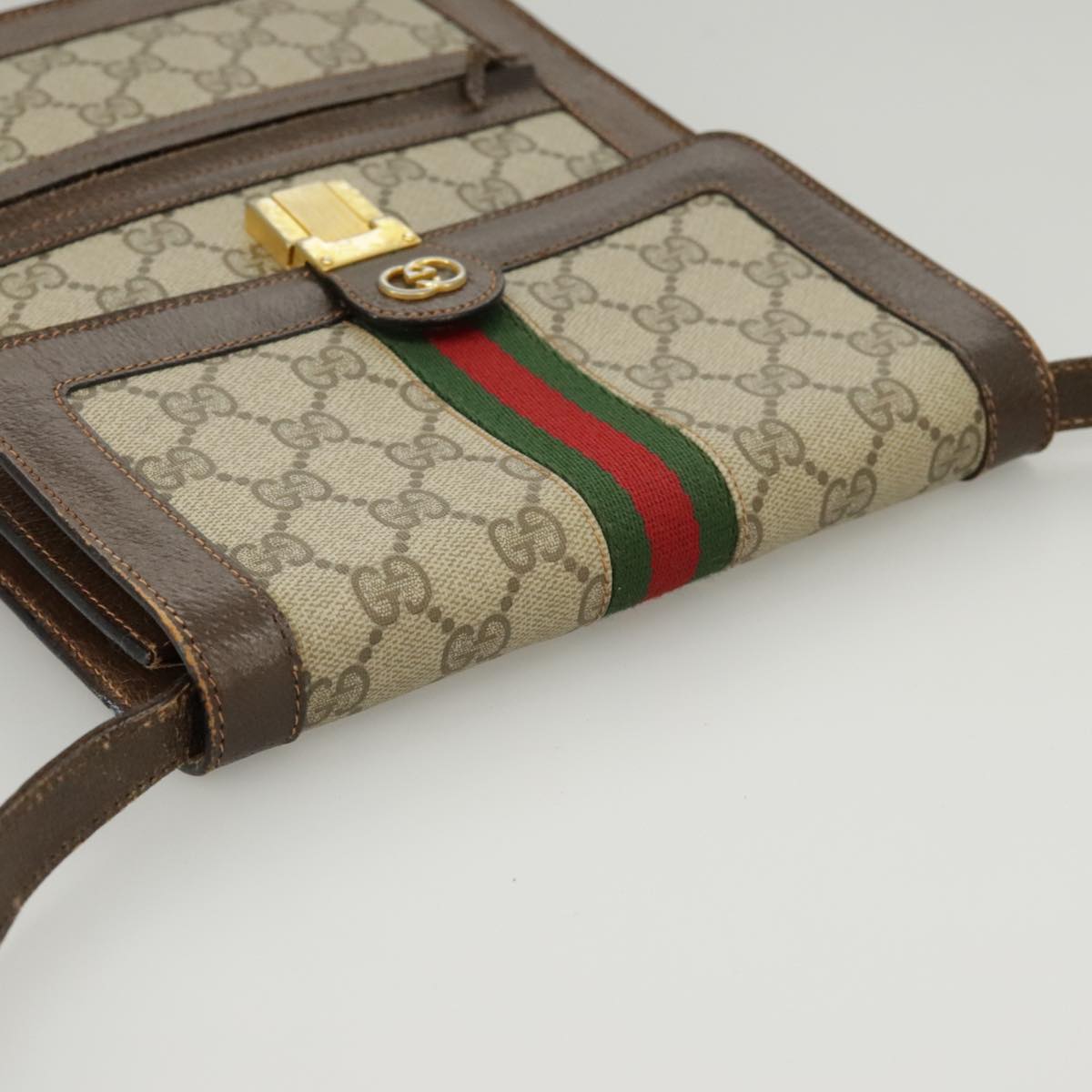 GUCCI GG Supreme Web Sherry Line Shoulder Bag PVC Beige Red Green Auth 102274