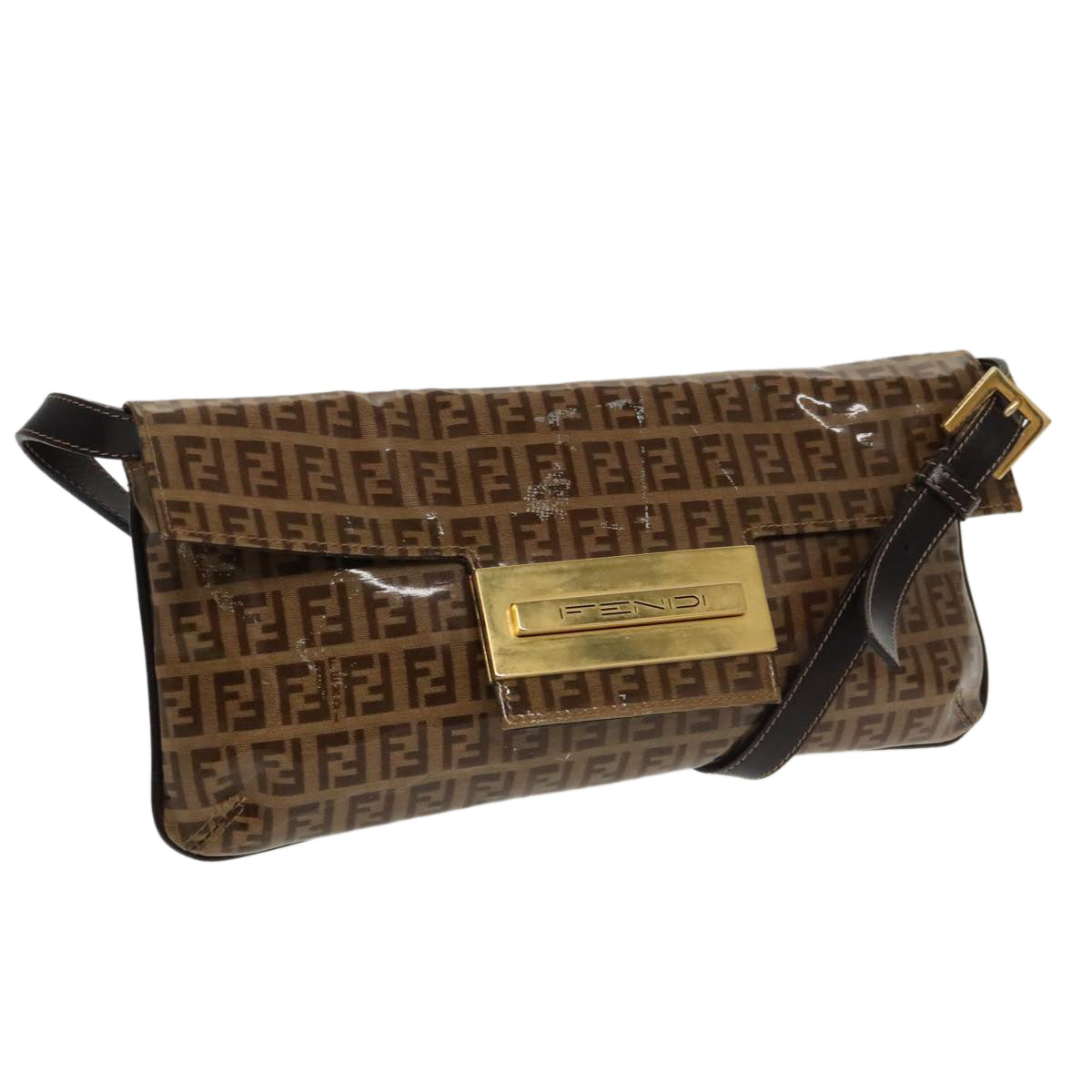 FENDI Zucchino Canvas Shoulder Bag Enamel Brown Gold Auth 102279