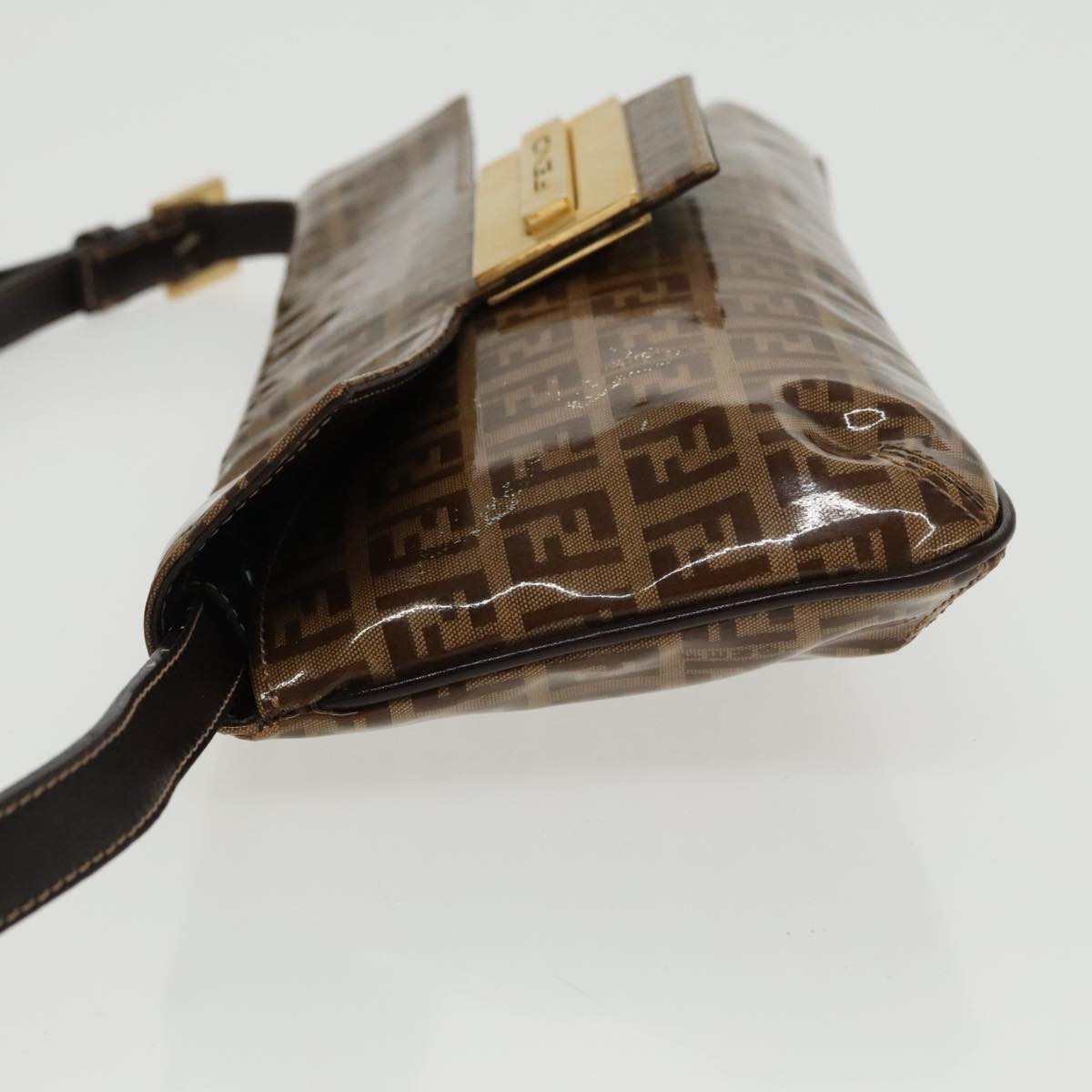 FENDI Zucchino Canvas Shoulder Bag Enamel Brown Gold Auth 102279