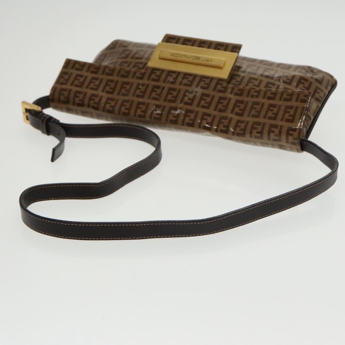 FENDI Zucchino Canvas Shoulder Bag Enamel Brown Gold Auth 102279