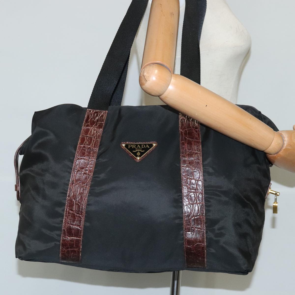 PRADA Tote Bag Nylon Leather Black Brown Gold Auth 102285