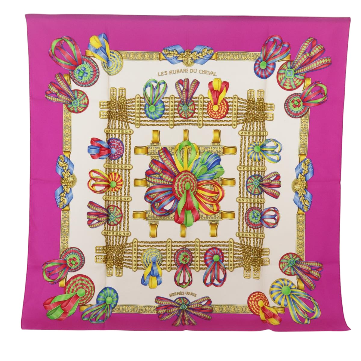 HERMES Carre 90 Scarf ""LES RUBANS DU CHEVAL"" Silk Pink Auth 102322