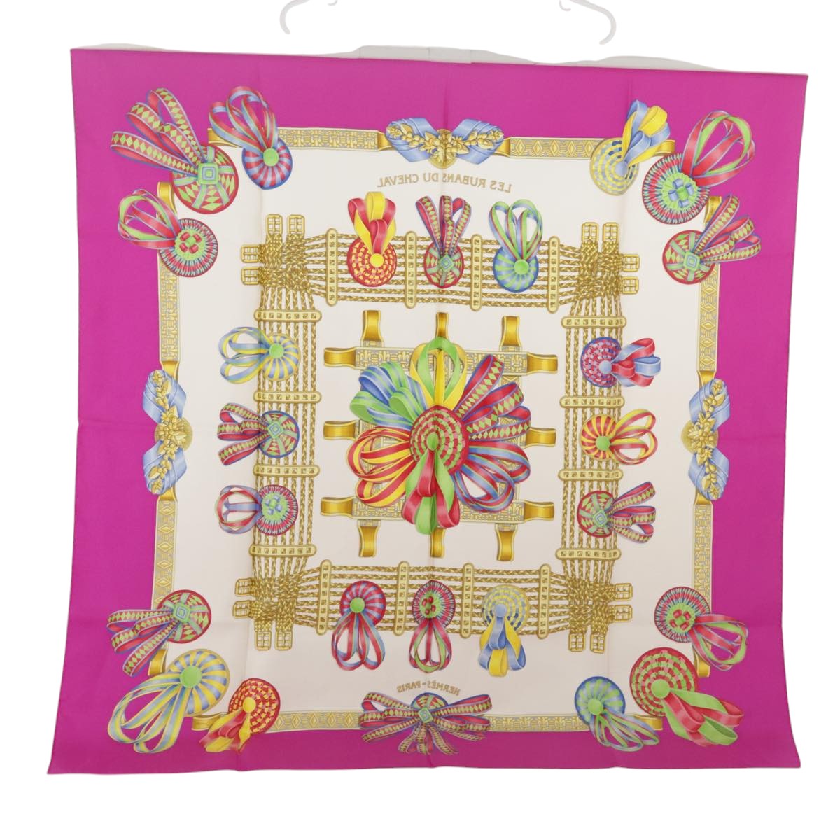 HERMES Carre 90 Scarf ""LES RUBANS DU CHEVAL"" Silk Pink Auth 102322 - 0