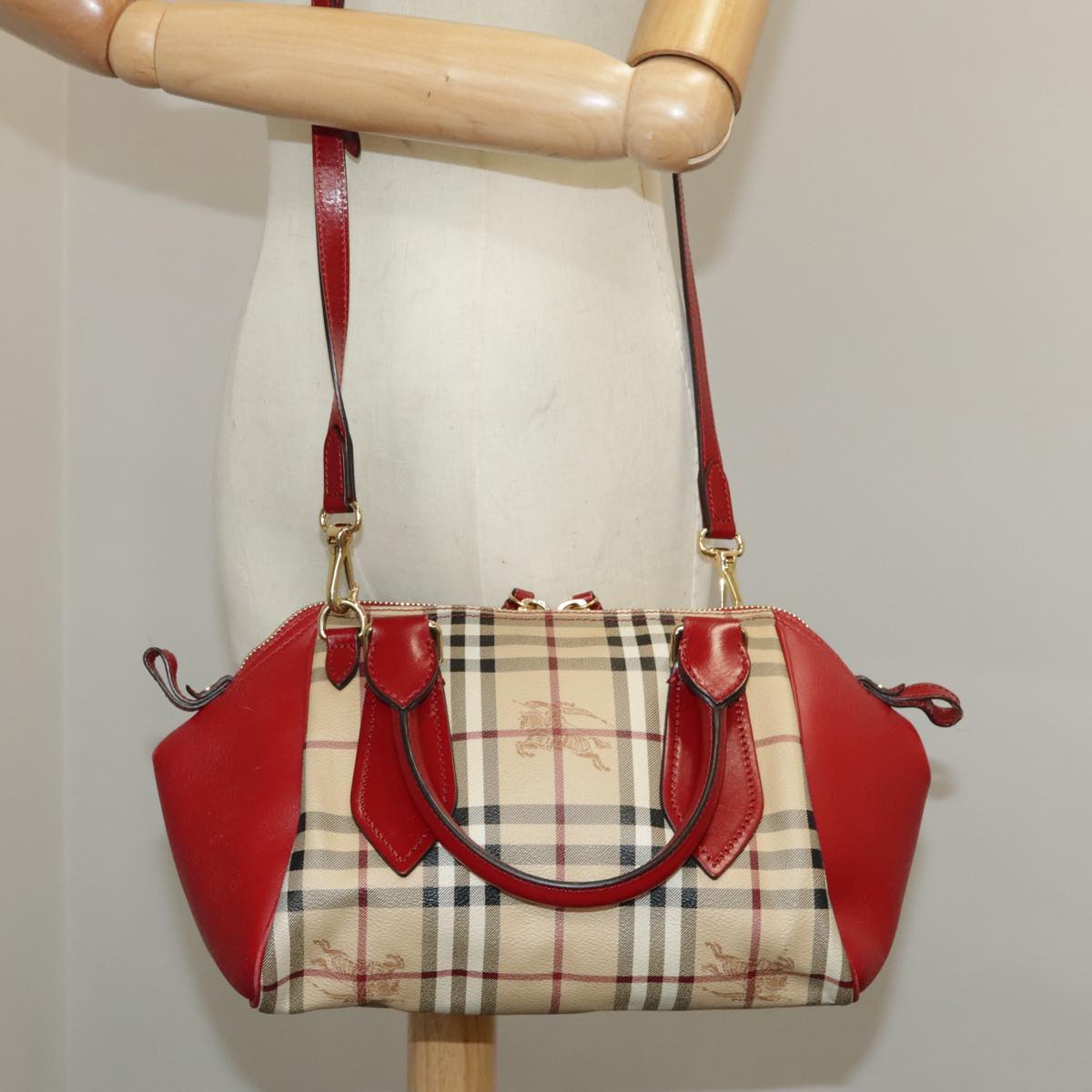 BURBERRY Nova Check Hand Bag PVC Leather 2way Beige Red Auth 102341