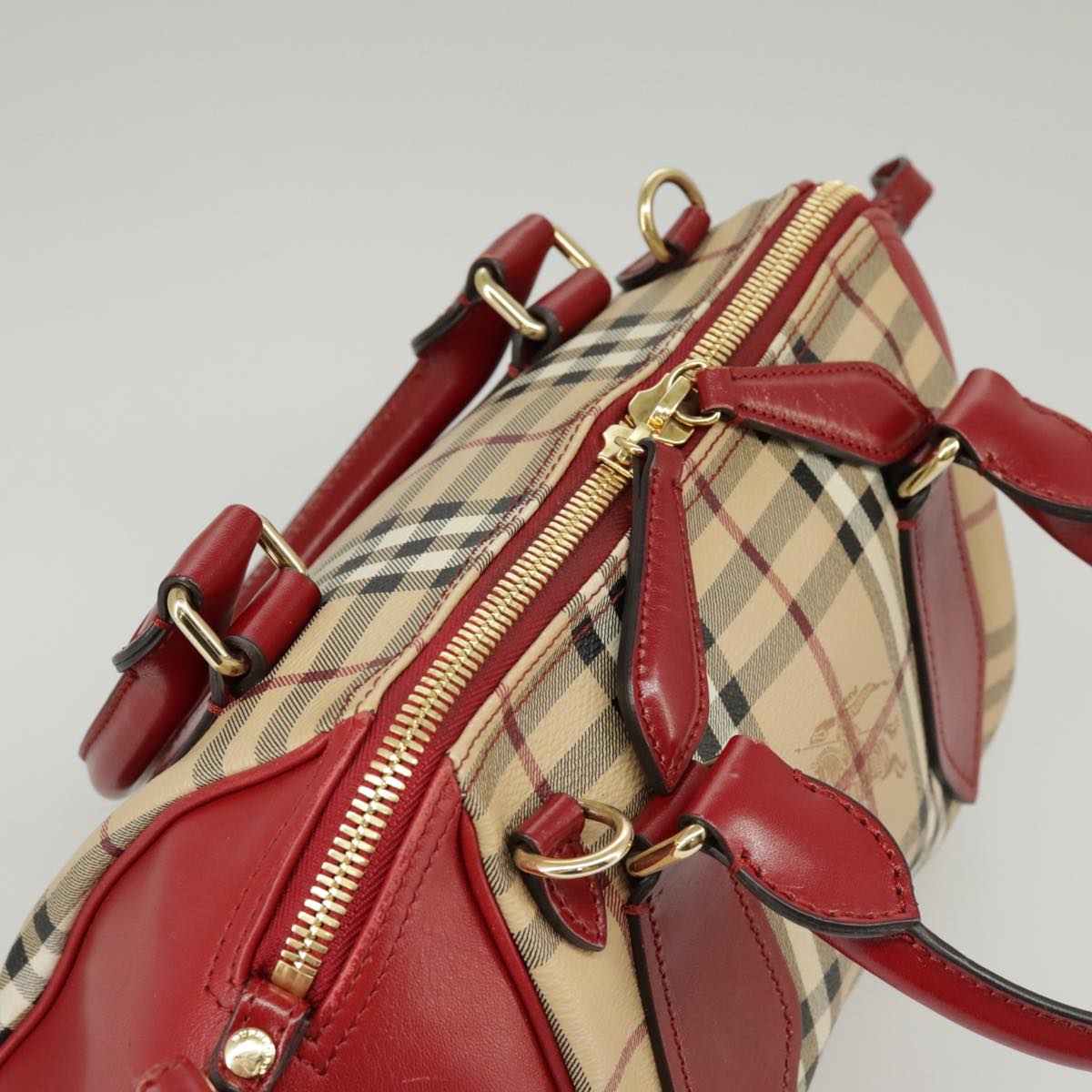 BURBERRY Nova Check Hand Bag PVC Leather 2way Beige Red Auth 102341