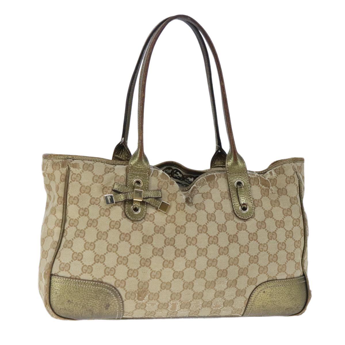 GUCCI GG Canvas Tote Bag Beige Gold Auth 102347