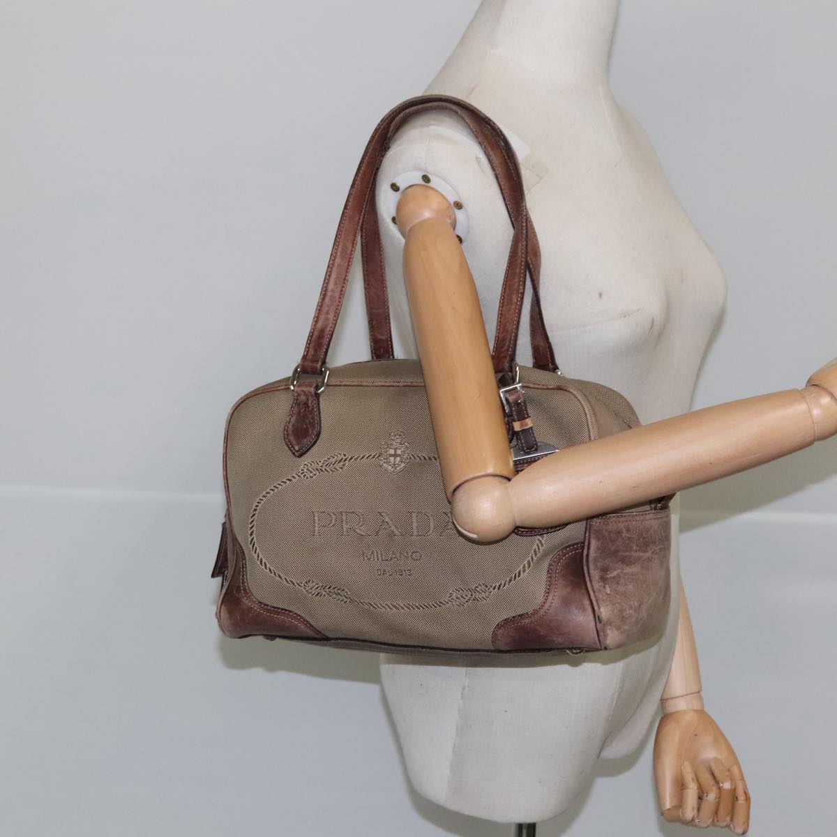 PRADA Shoulder Bag Canvas Beige Auth 102352