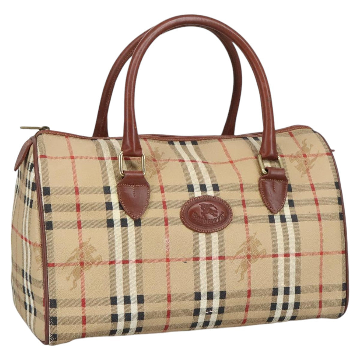 Burberrys Nova Check Boston Bag PVC Beige Gold Auth 102367