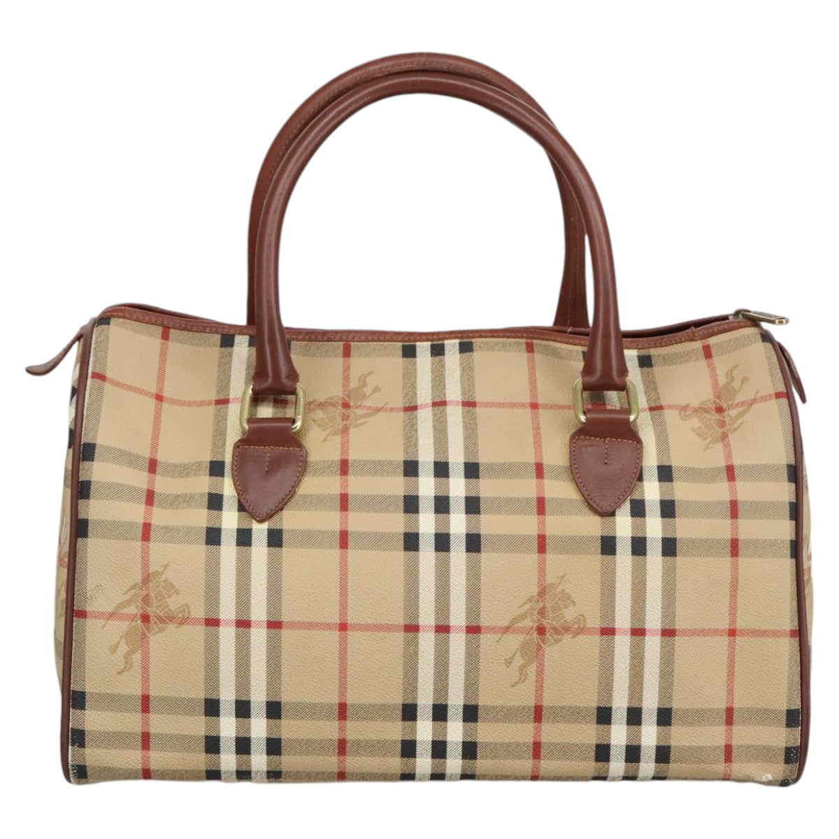 Burberrys Nova Check Boston Bag PVC Beige Gold Auth 102367