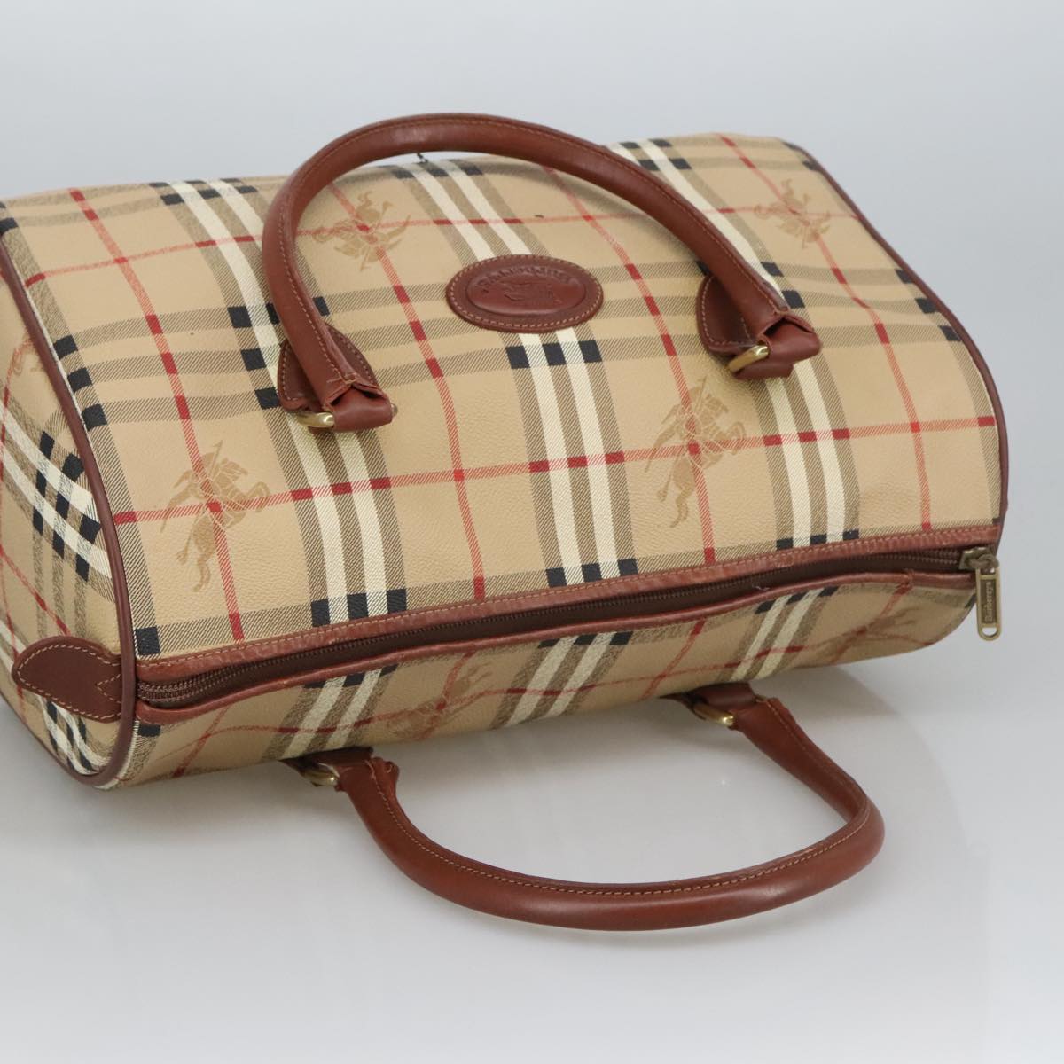 Burberrys Nova Check Boston Bag PVC Beige Gold Auth 102367