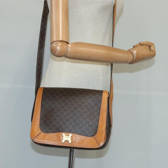 CELINE Macadam Canvas Shoulder Bag PVC Leather Brown Gold Auth 102371