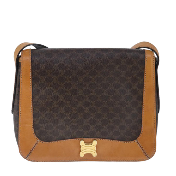 CELINE Macadam Canvas Shoulder Bag PVC Leather Brown Gold Auth 102371