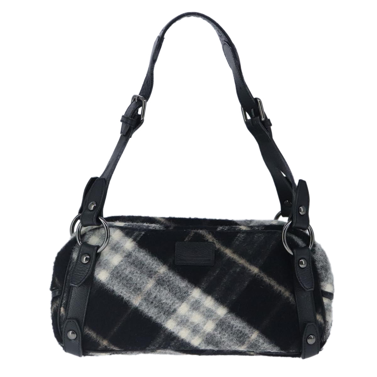 BURBERRY Nova Check Blue Label Shoulder Bag Wool Leather Black Auth 102387 - 0