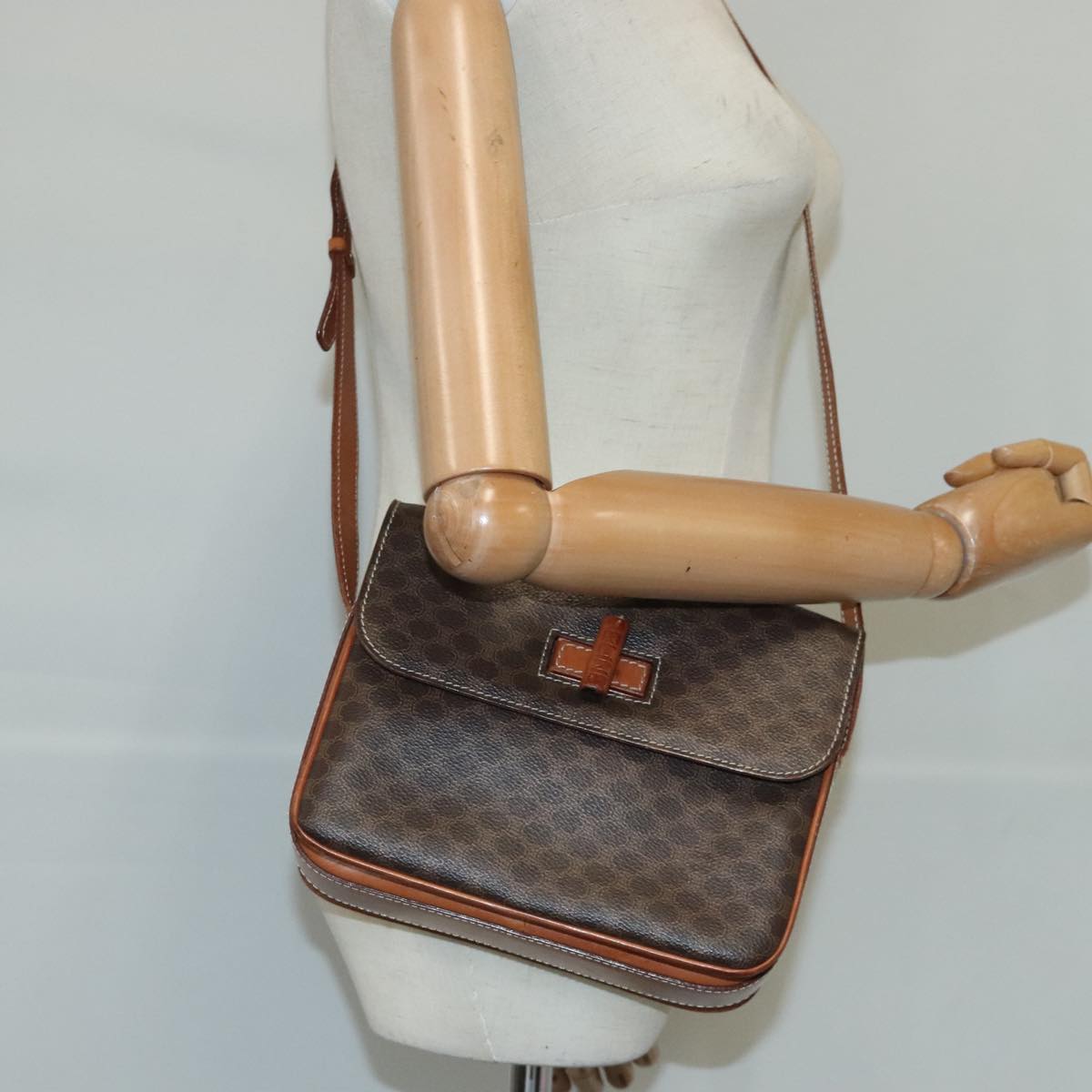 CELINE Macadam Canvas Shoulder Bag PVC Leather Brown Gold Auth 102388