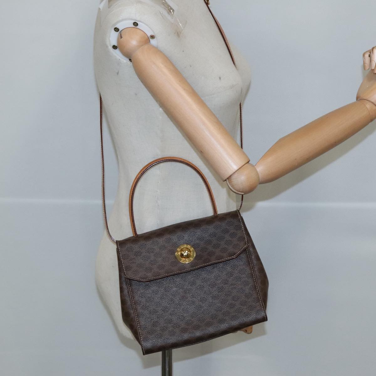 CELINE Macadam Canvas Hand Bag PVC Leather 2way Brown Gold Auth 102389