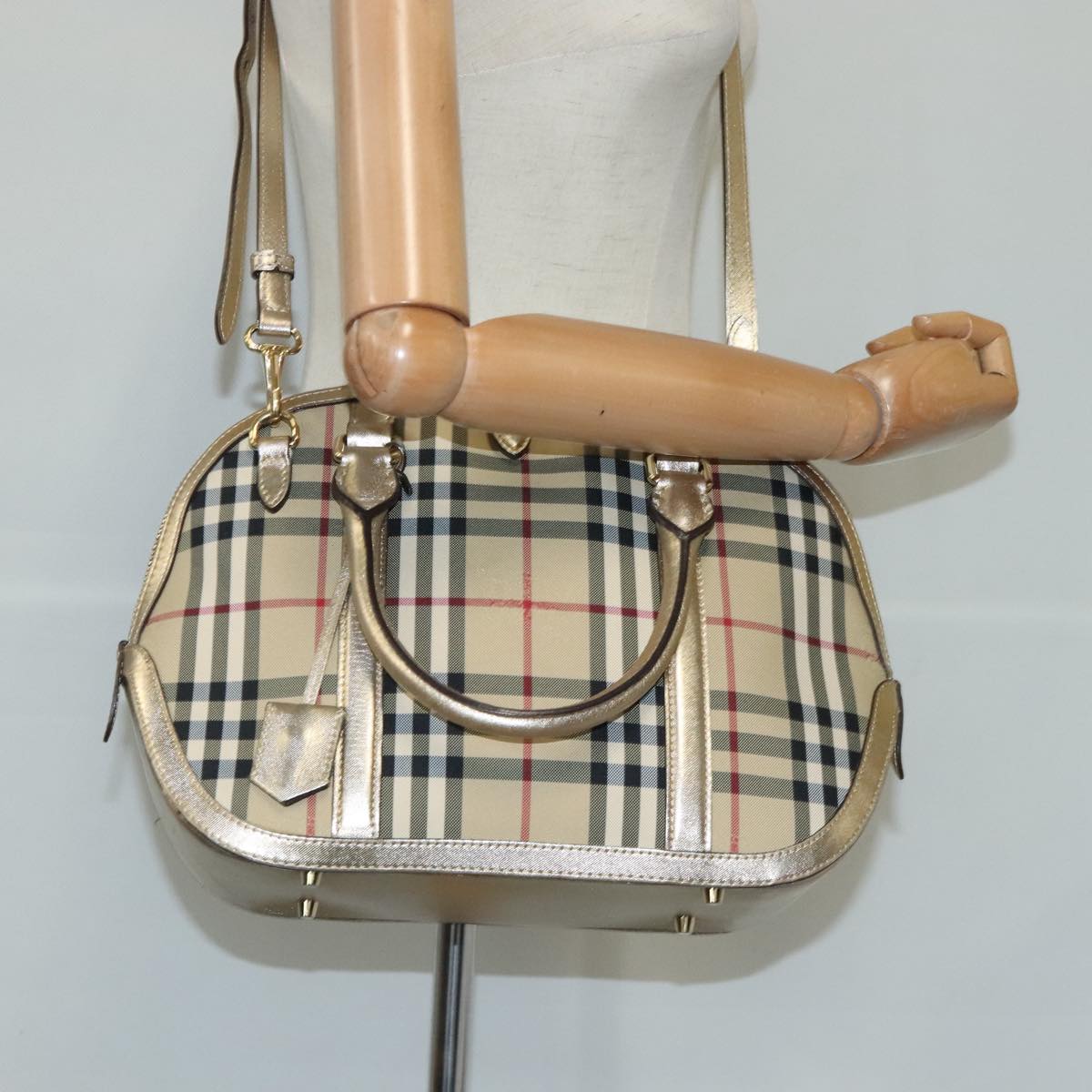 BURBERRY Nova Check Hand Bag Canvas  Leather 2way Beige Gold Auth 102392