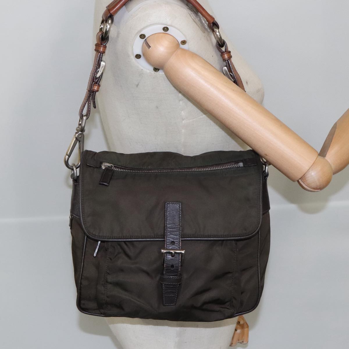 PRADA Shoulder Bag Nylon Khaki Auth 102417