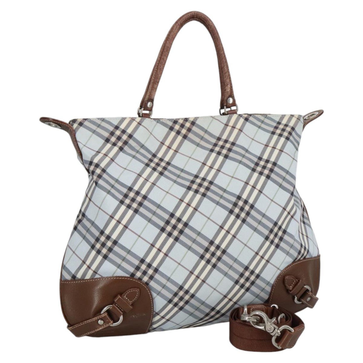 BURBERRY Nova Check Hand Bag Canvas 2way Light Blue Brown Auth 102443