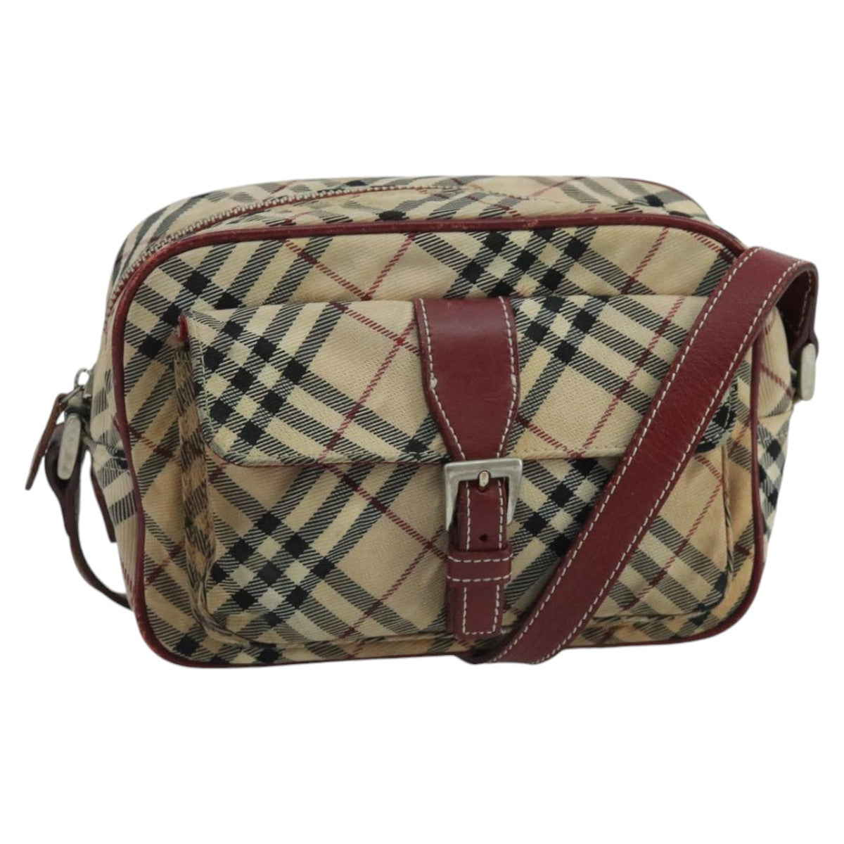 BURBERRY Nova Check Blue Label Shoulder Bag Nylon Beige Red Silver Auth 102455