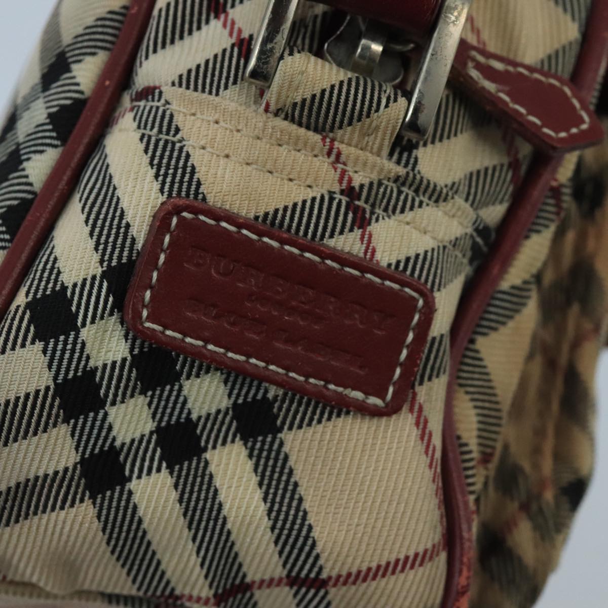 BURBERRY Nova Check Blue Label Shoulder Bag Nylon Beige Red Silver Auth 102455