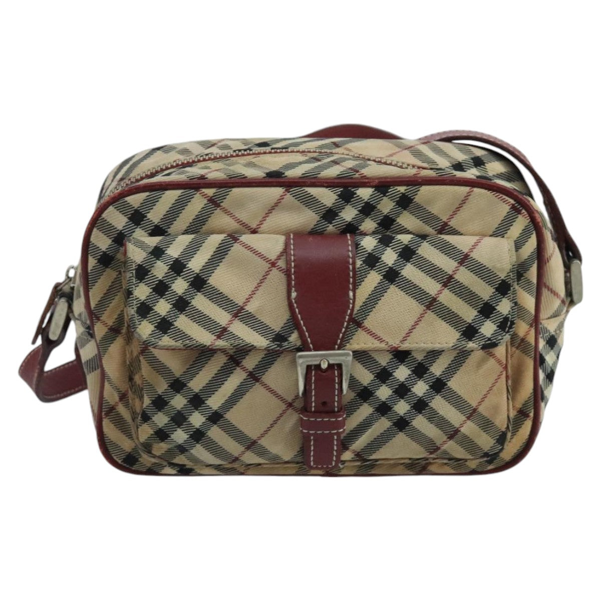 BURBERRY Nova Check Blue Label Shoulder Bag Nylon Beige Red Silver Auth 102455 - 0