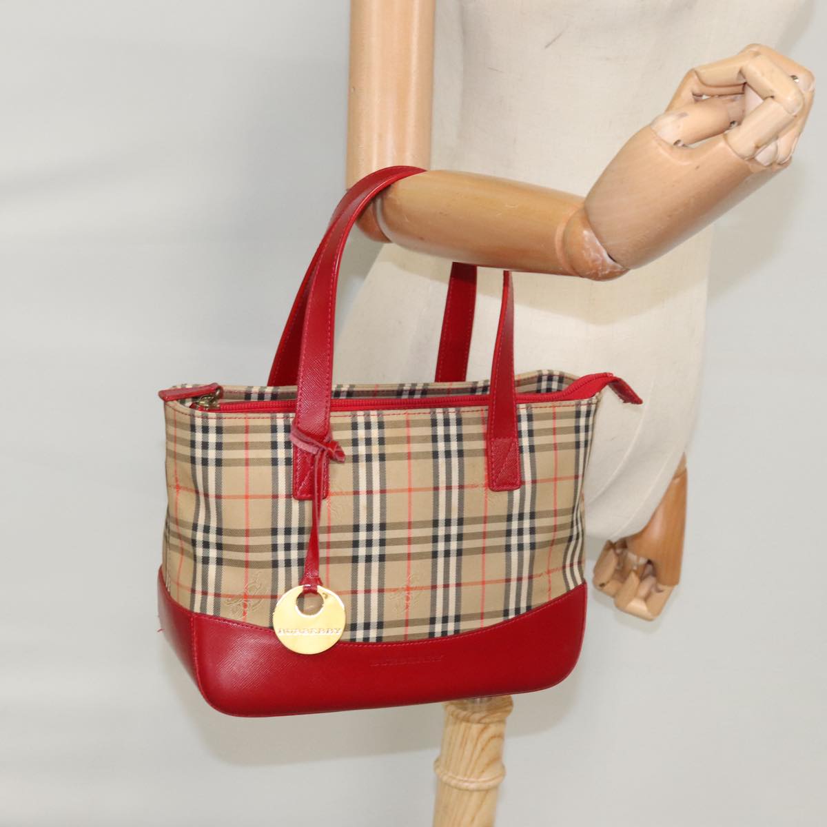 BURBERRY Nova Check Hand Bag Canvas  Leather Beige Red Auth 102476