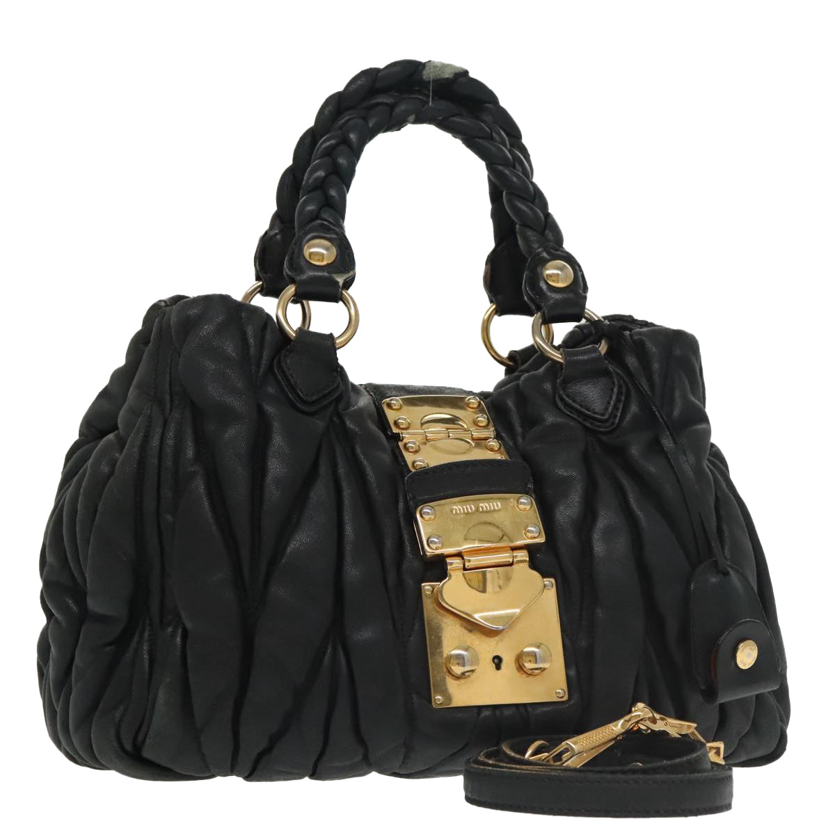 Miu Miu Matelasse Hand Bag Leather 2way Black Auth 102501