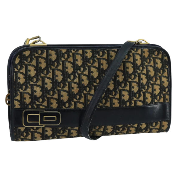 Christian Dior Trotter Canvas Shoulder Bag Navy Beige Gold Auth 102519
