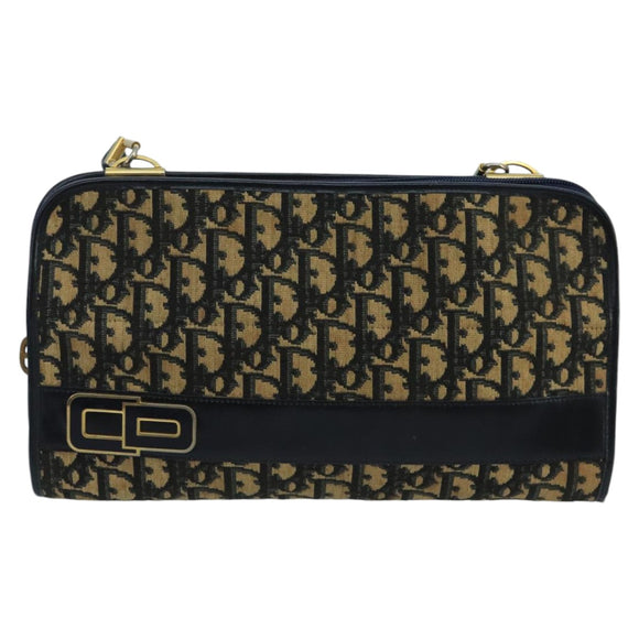 Christian Dior Trotter Canvas Shoulder Bag Navy Beige Gold Auth 102519