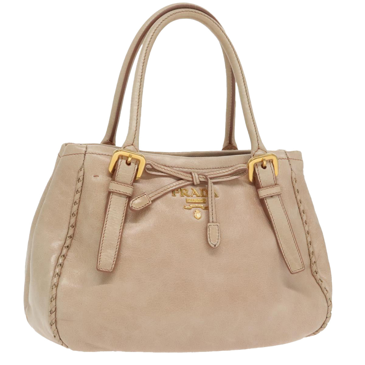 PRADA Hand Bag Leather Beige Gold Auth 102542