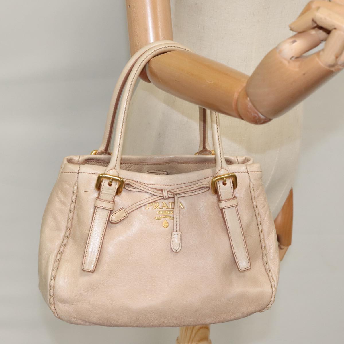 PRADA Hand Bag Leather Beige Gold Auth 102542