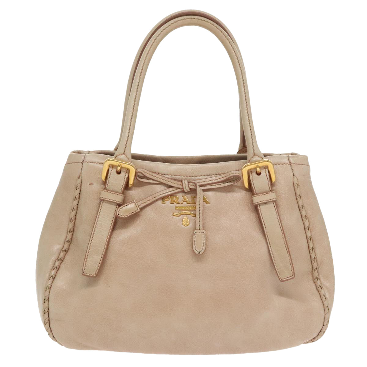 PRADA Hand Bag Leather Beige Gold Auth 102542