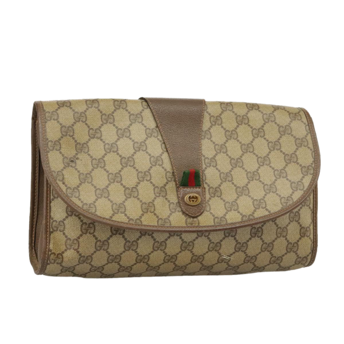 GUCCI GG Supreme Web Sherry Line Clutch Bag PVC Beige Red 156 01 031 Auth 102589