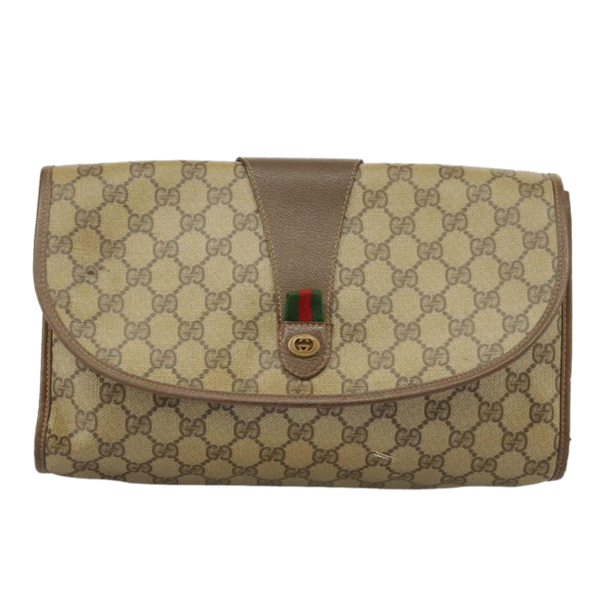 GUCCI GG Supreme Web Sherry Line Clutch Bag PVC Beige Red 156 01 031 Auth 102589 - 0