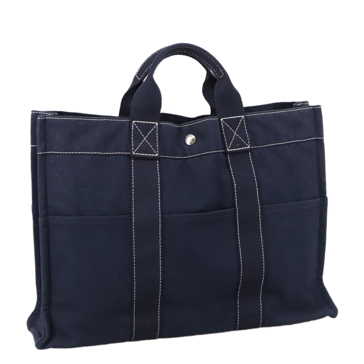 HERMES Deauville MM Tote Bag Canvas Navy Silver Auth 102609