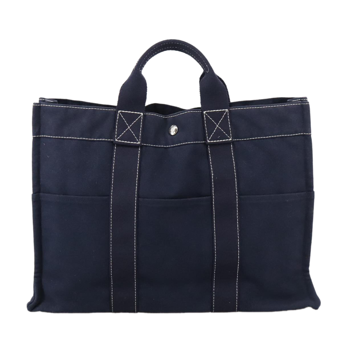 HERMES Deauville MM Tote Bag Canvas Navy Silver Auth 102609 - 0