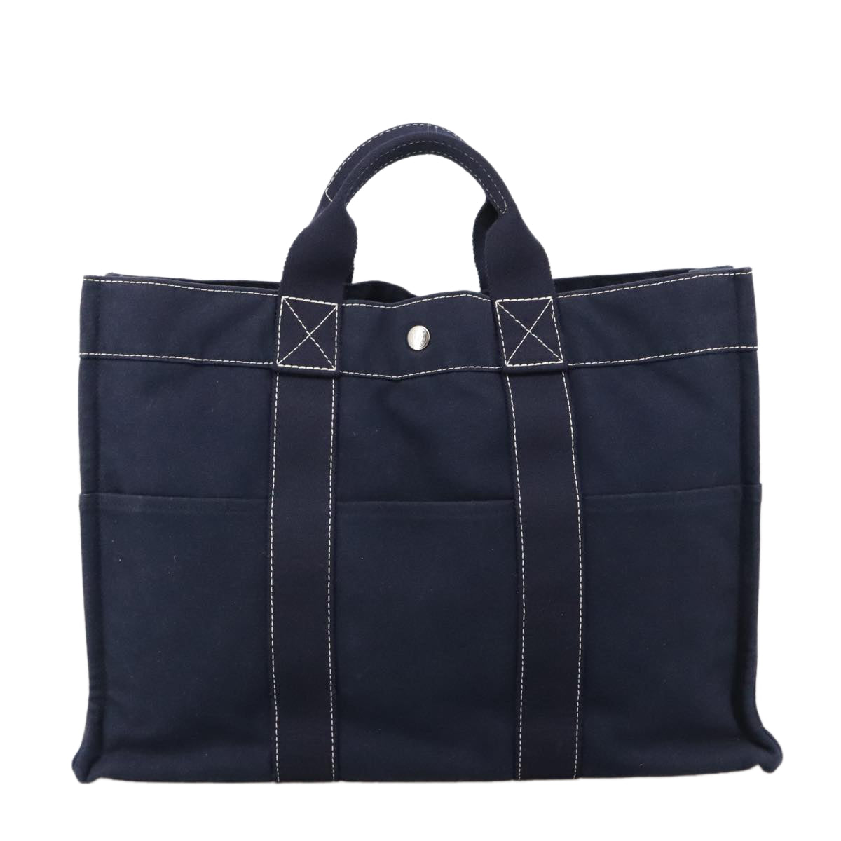 HERMES Deauville MM Tote Bag Canvas Navy Silver Auth 102609