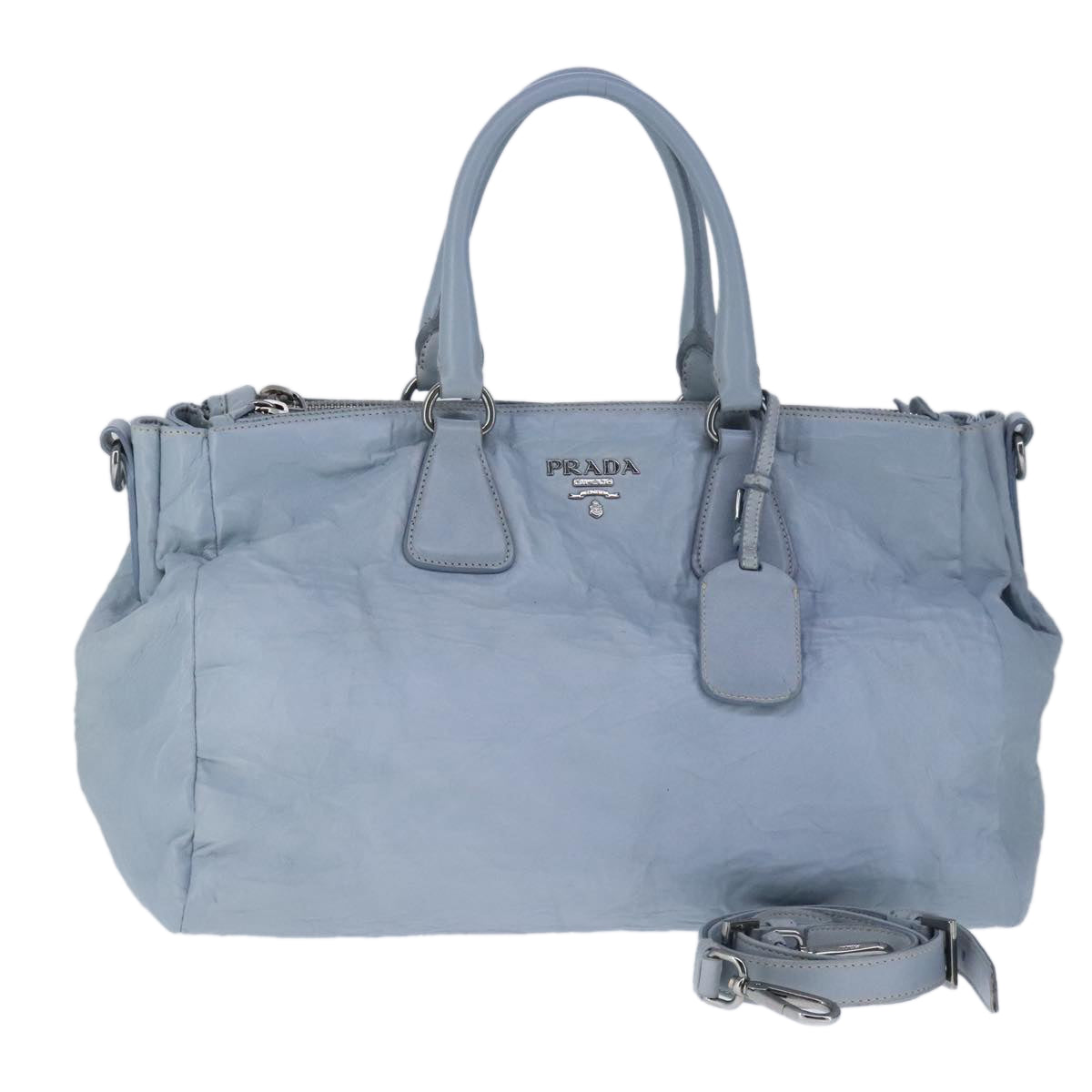 PRADA Hand Bag Leather 2way Light Blue Silver Auth 102647