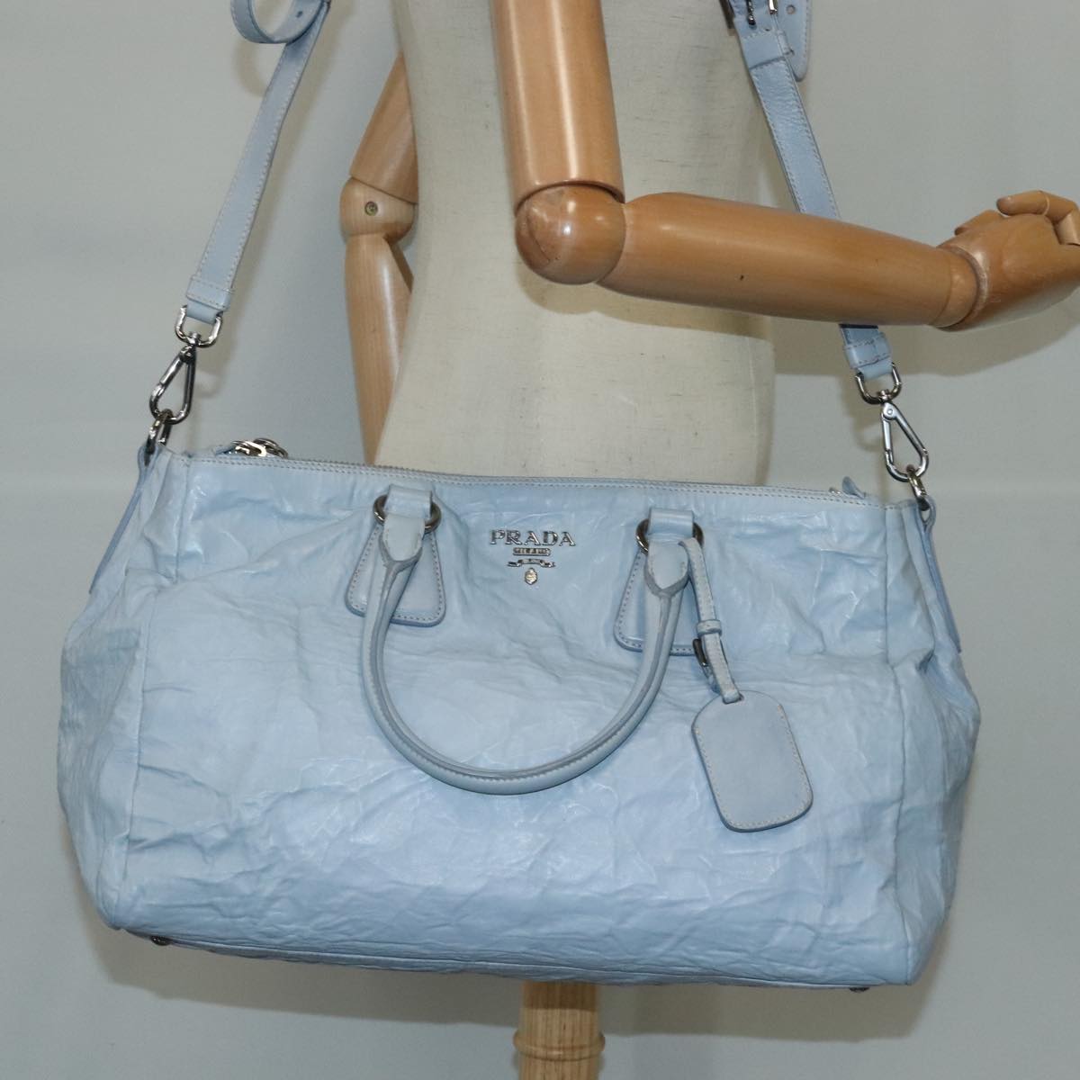 PRADA Hand Bag Leather 2way Light Blue Silver Auth 102647