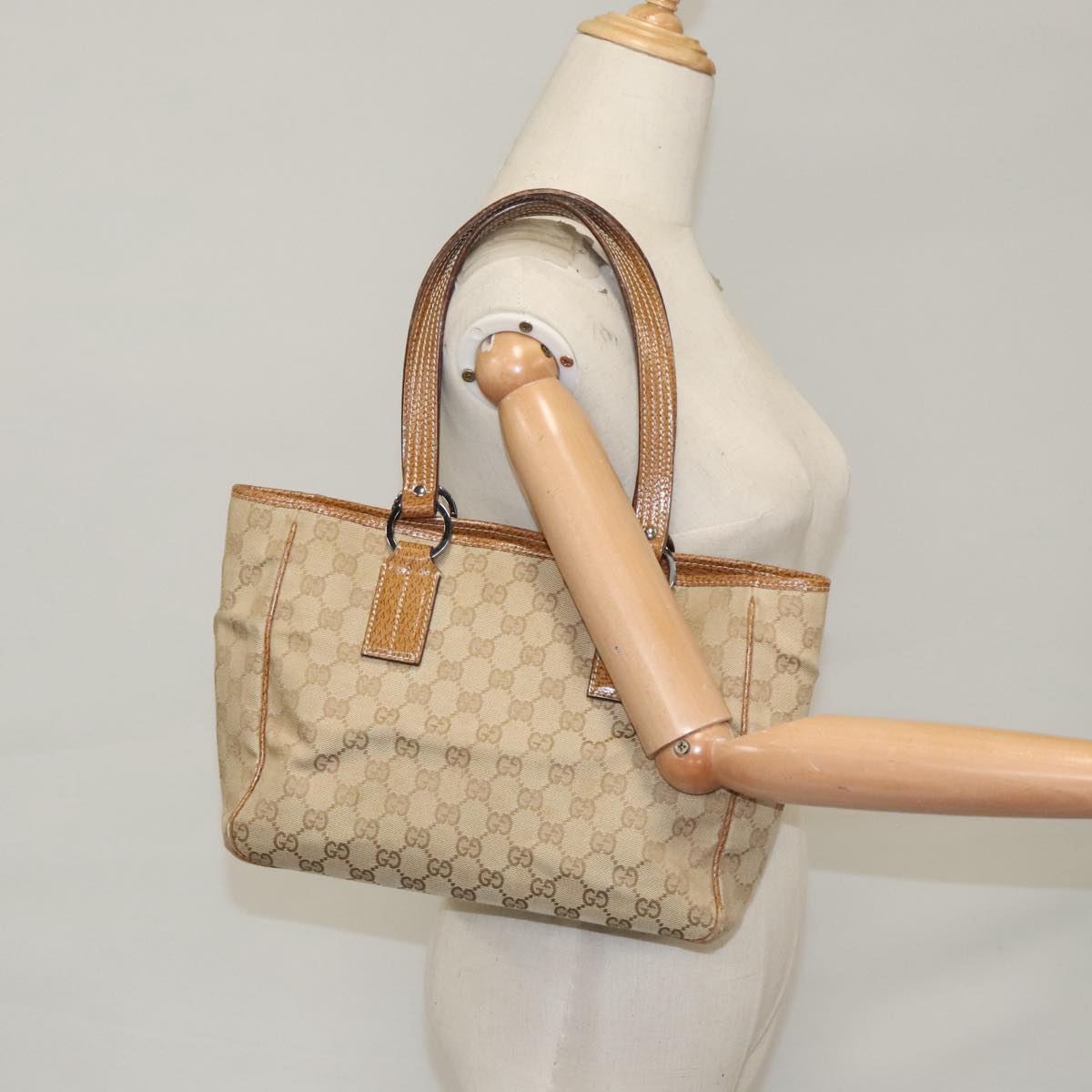 GUCCI GG Canvas Tote Bag Brown Silver 113019 Auth 102654