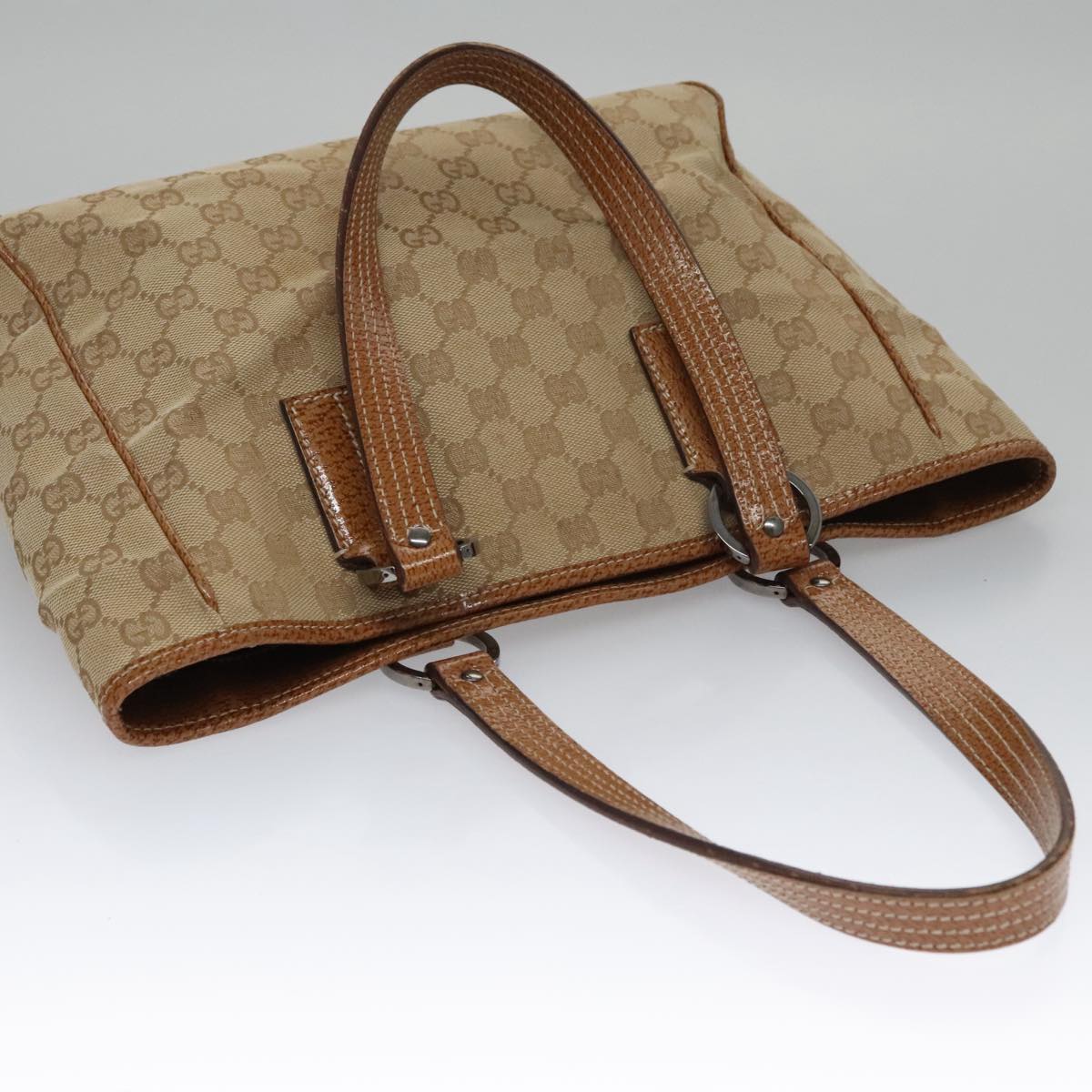 GUCCI GG Canvas Tote Bag Brown Silver 113019 Auth 102654