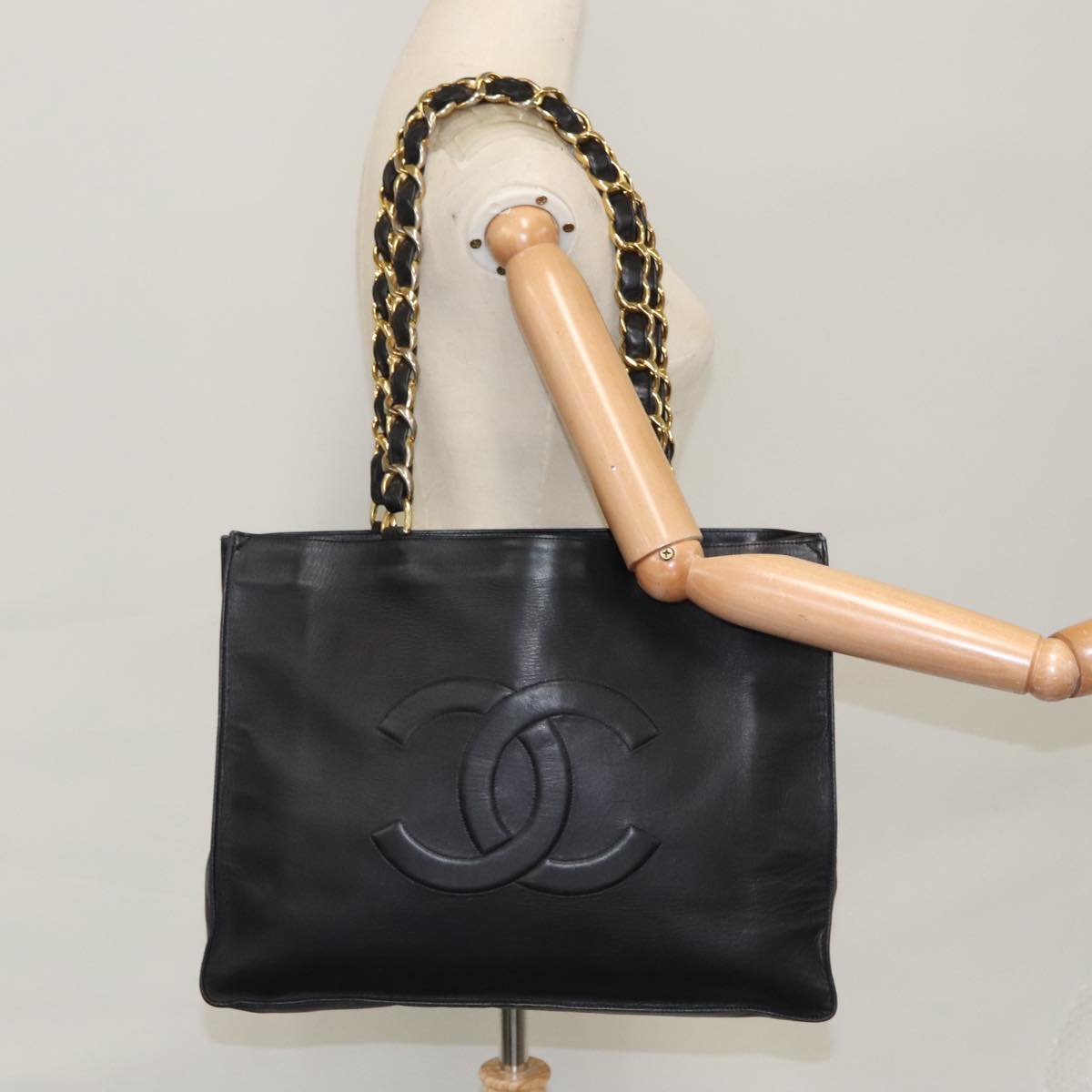 CHANEL COCO Mark Chain Tote Bag Leather Black CC Auth 102670