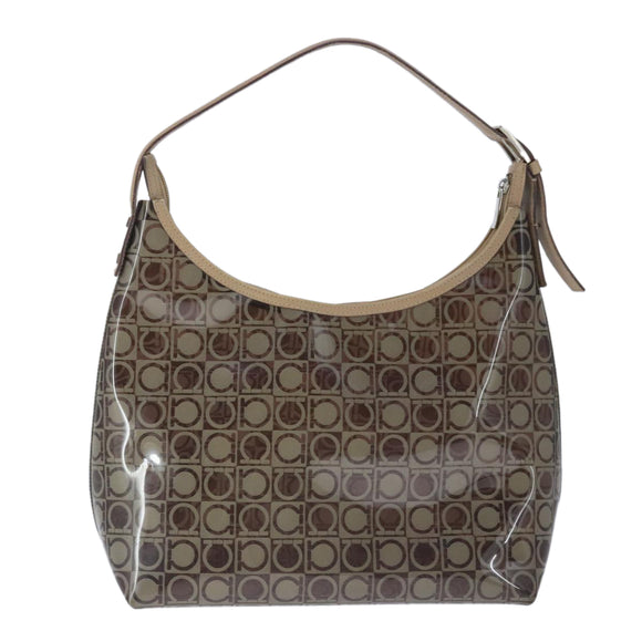 Salvatore Ferragamo Gancini Shoulder Bag Vinyl Leather Brown Silver Auth 102694