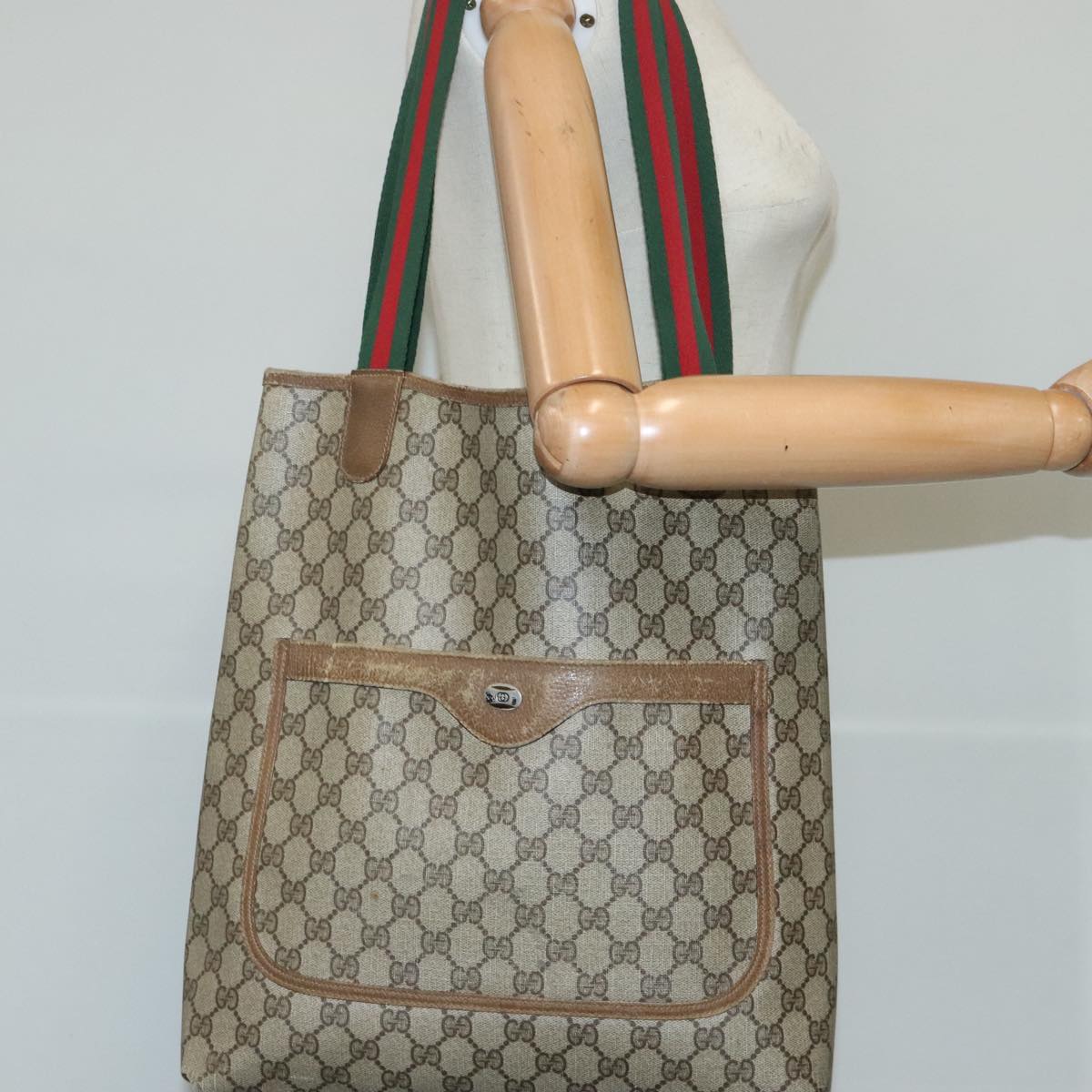 GUCCI GG Supreme Web Sherry Line Tote Bag PVC Beige Red 39 02 003 Auth 102698