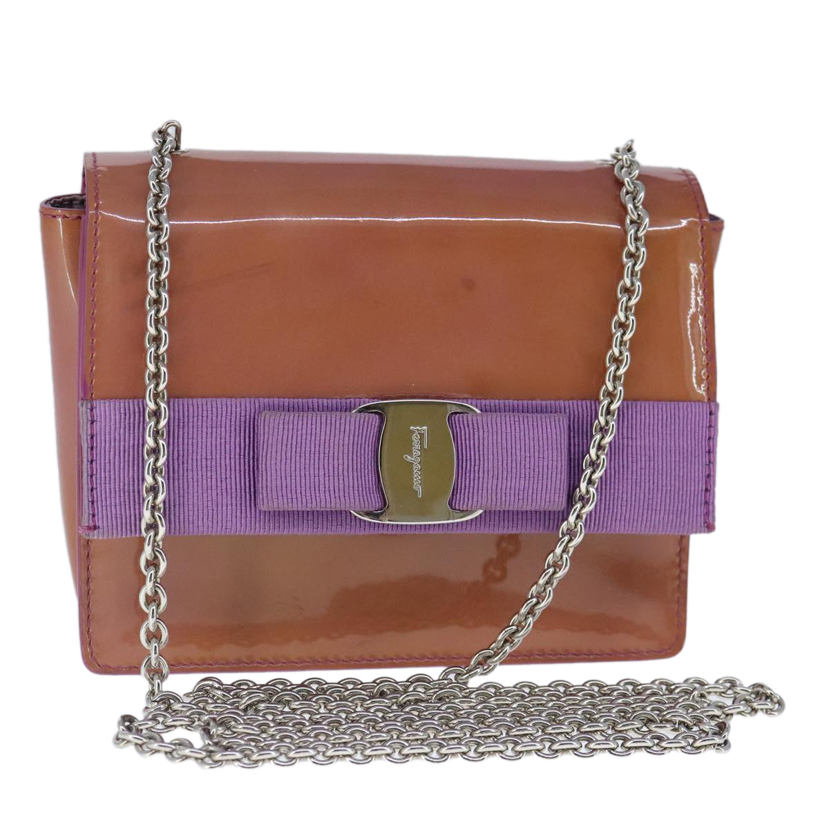 Salvatore Ferragamo Chain Shoulder Bag Enamel Purple Silver Auth 102708