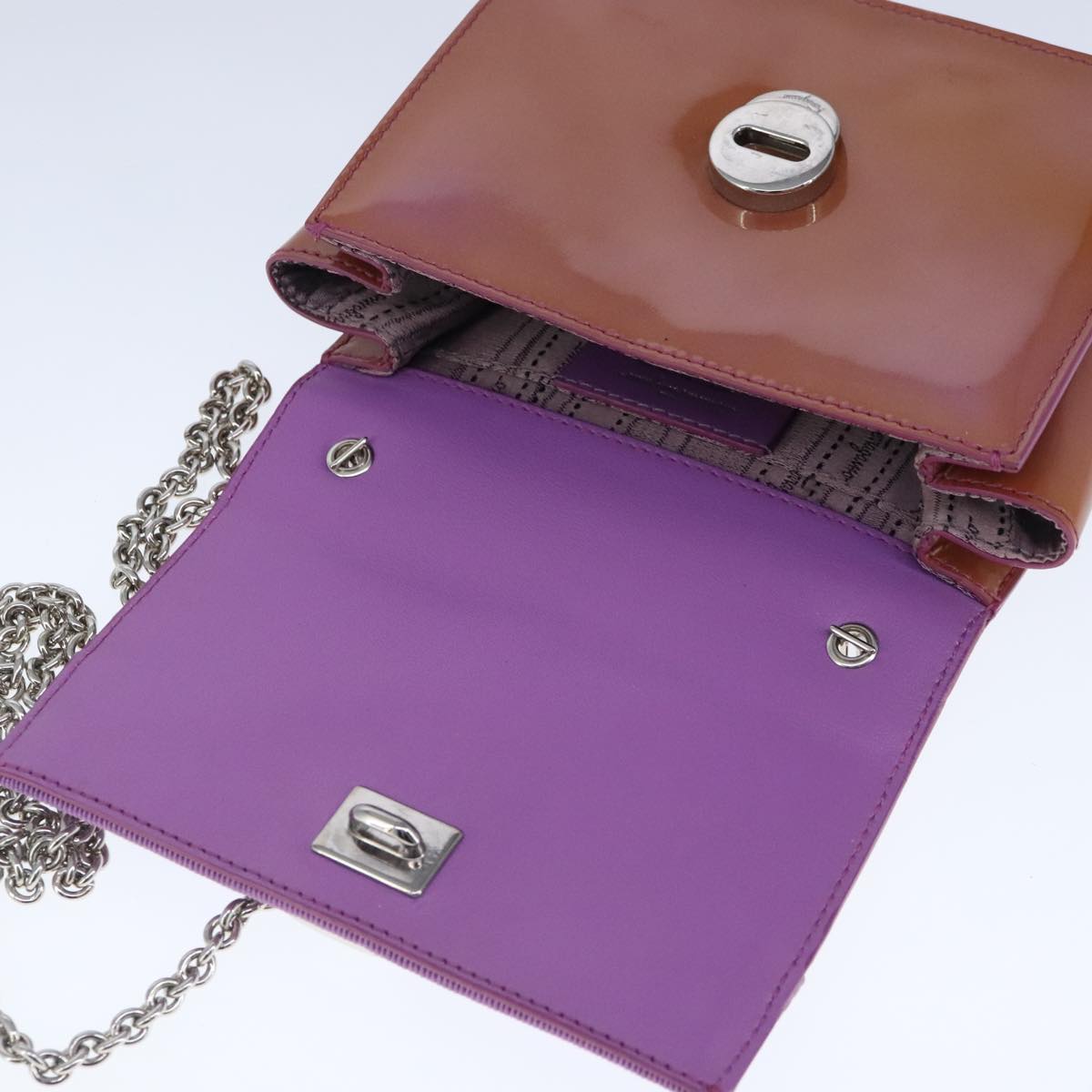 Salvatore Ferragamo Chain Shoulder Bag Enamel Purple Silver Auth 102708