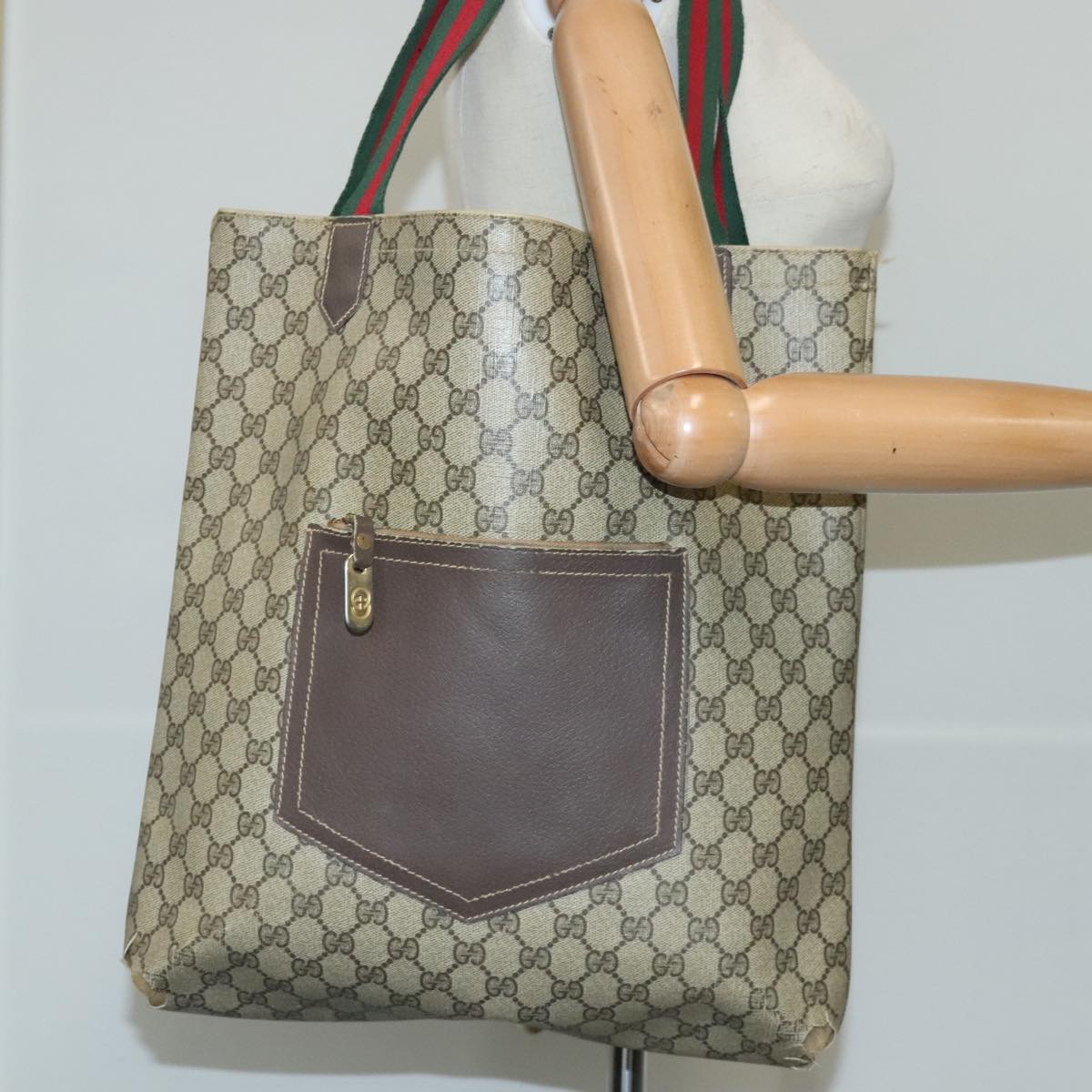 GUCCI GG Supreme Web Sherry Line Tote Bag PVC Beige Red Green Auth 102716