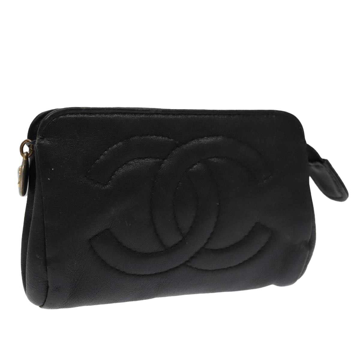 CHANEL COCO Mark Cosmetic Pouch Lamb Skin Black CC Auth 102724