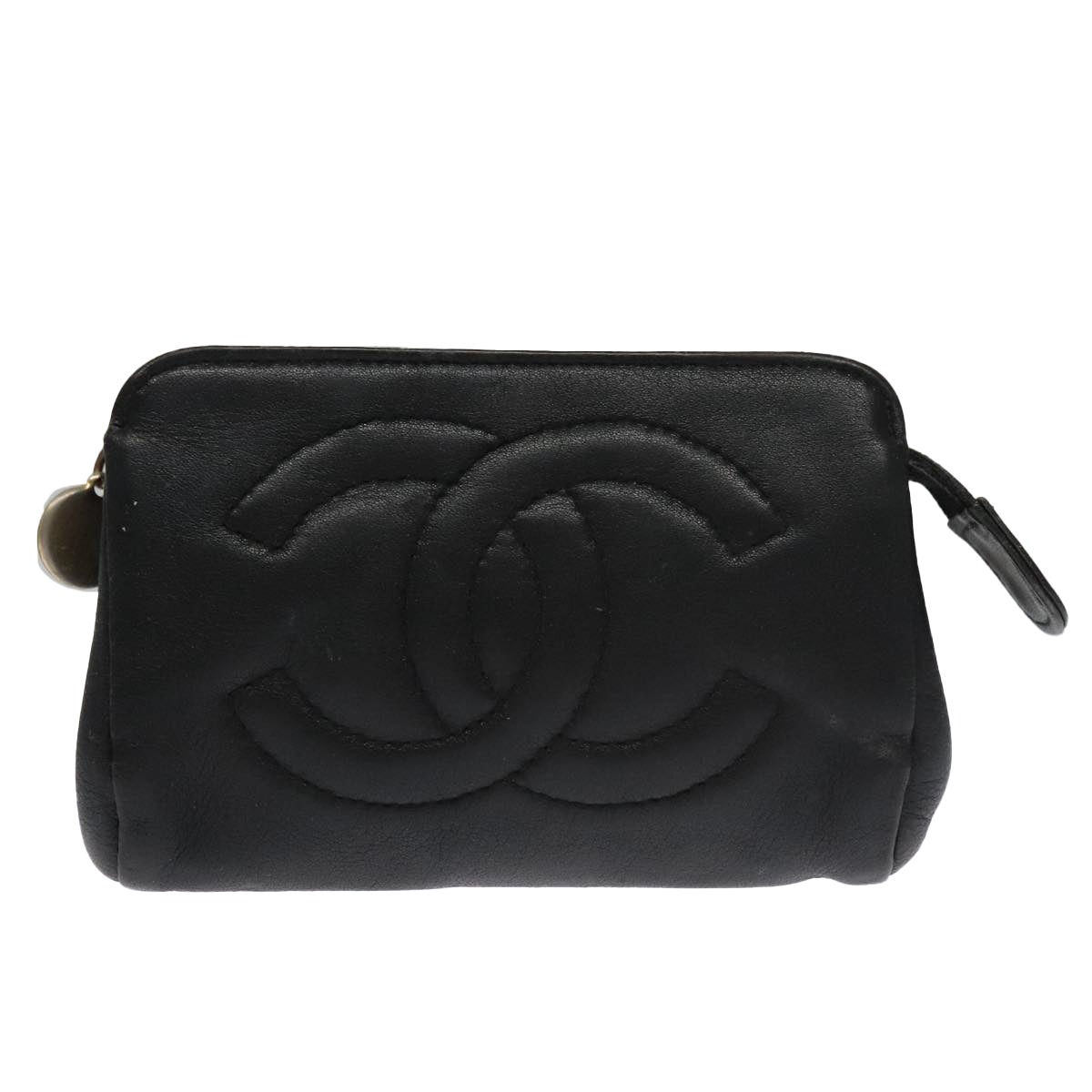 CHANEL COCO Mark Cosmetic Pouch Lamb Skin Black CC Auth 102724 - 0