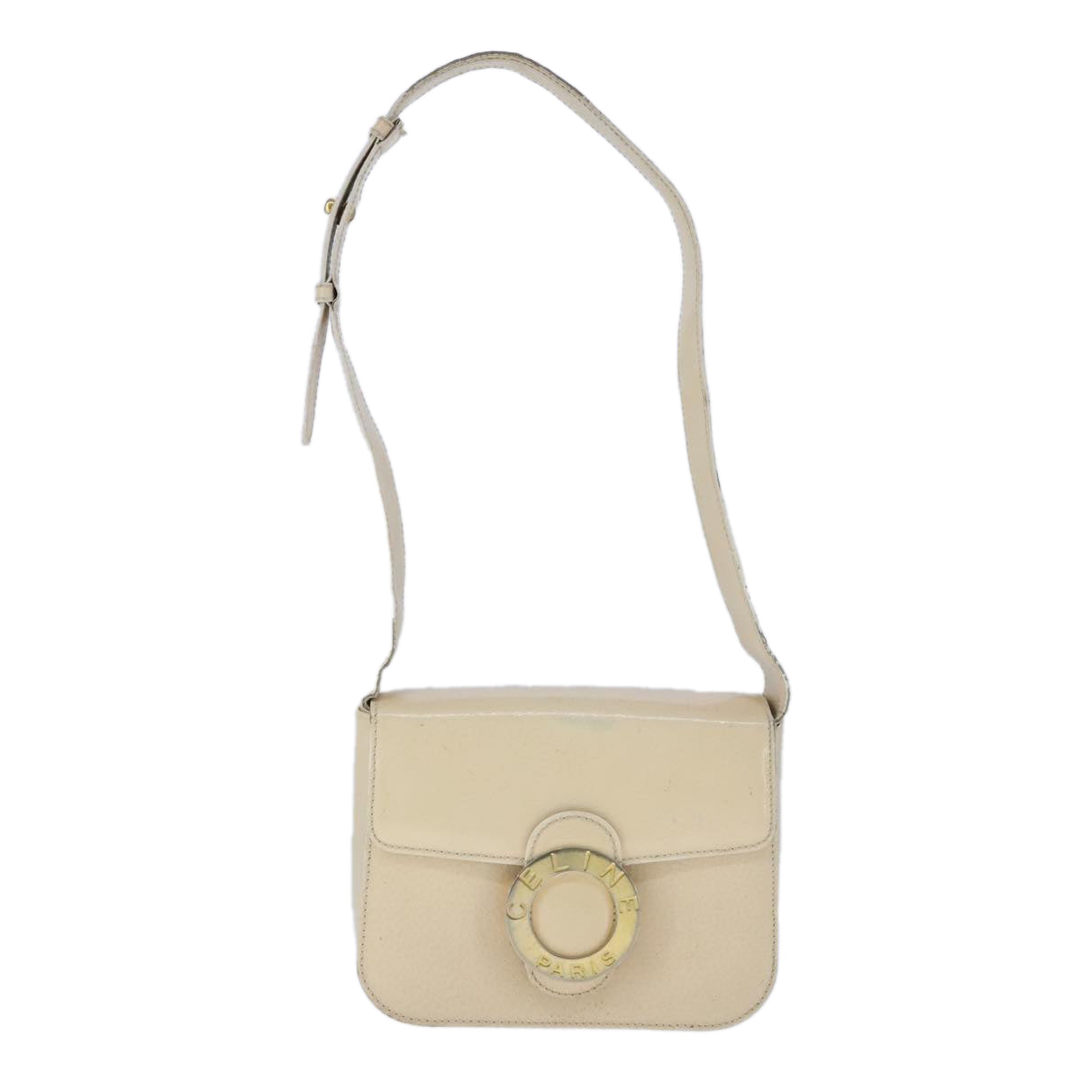 CELINE Circle Shoulder Bag Leather Beige Gold Auth 102742